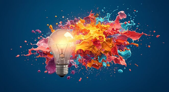 Explosi&oacute;n de creatividad: bombilla encendida con salpicaduras de pintura y formas 3D flotantes sobre fondo oscuro, idea e innovaci&oacute;n con espacio para texto