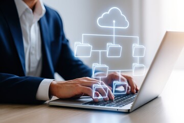 Person working on a laptop with a cloud file system graphic overlay.