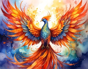 Majestic Phoenix with fiery wings, and cosmic art.