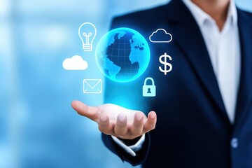 Global digital icons displayed in a person's hand.