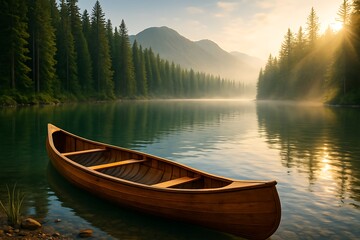 Fototapeta premium Wooden Canoe Docked on Tranquil Mountain Lake with Forest Background