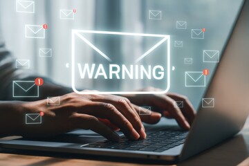 Hands typing on a laptop with a warning email overlay.