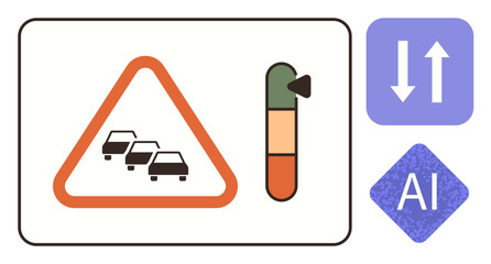 Traffic warning sign with cars in queue, congestion indicator and AI processing icons. Ideal for transportation, automation, road safety, mobility, smart city systems, tech solutions, simple flat