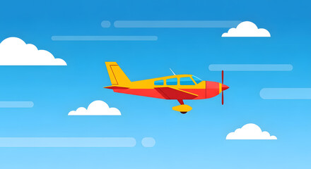 Bright yellow and red airplane soaring through a blue sky with clouds