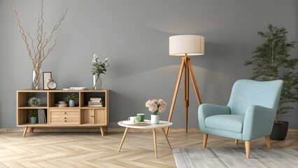 Modern Minimalist Living Room Interior with Armchair, Floor Lamp and Wooden Furniture