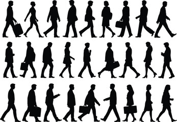 Silhouette of business people walking, urban commuters, travelers with luggage, professional men and women, city passengers, vector crowd illustration design