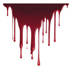 Thick dark red blood dripping down in streams and drops from a surface against a white background.