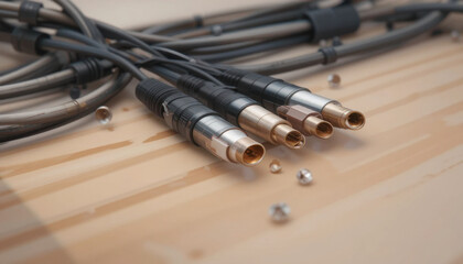 Naklejka premium Collection of audio cables with metal connectors is arranged on wooden surface, showcasing their intricate design and functionality. cables are intertwined, emphasizing connectivity and technology