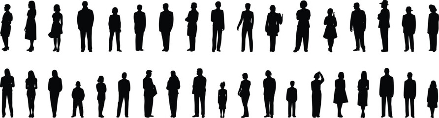 Silhouettes of people standing together, family group illustration, diverse generations vector, men women children design, human figures artwork, isolated collection