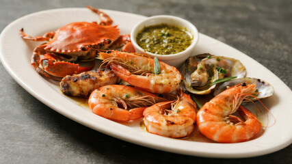 Seafood Platter with Grilled Shrimp, Crab, Clams, and Herbed Sauce