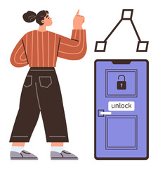 Woman pointing at diagram representing network or logic system near locked purple door. Ideal for security, technology, access control, innovation, problem-solving, strategy, simple flat metaphor