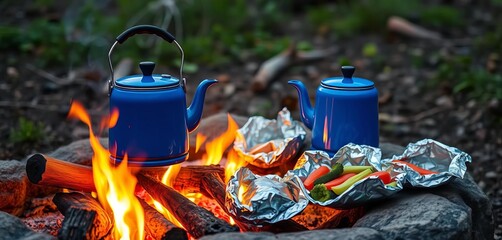 Blue kettle boils on campfire; foil-wrapped veggies grill nearby,  red,   smoke