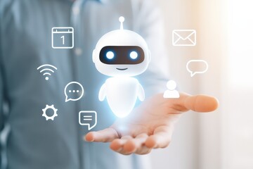 Hand holding a digital robot figure with various communication and technology icons.