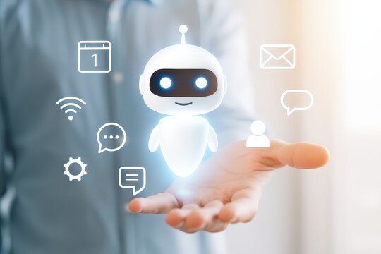 Hand holding a digital robot figure with various communication and technology icons.