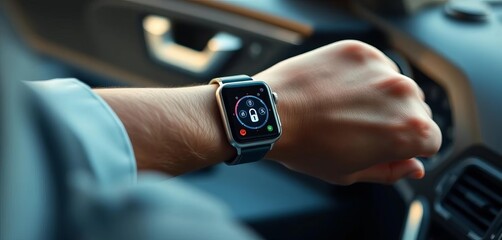 Close-up of hands using smartwatch app to lock car doors, automotive, safety