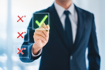 Businessperson selecting a check mark on a digital checklist.