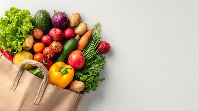 A paper bag filled with fresh produce including lettuce avocado tomatoes and peppers