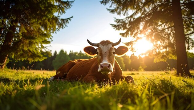 Peaceful cow resting in a grassy field bathed in sunlight. - Powered by Adobe