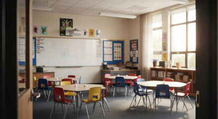 Empty Elementary School Classroom Ready for Students Learning