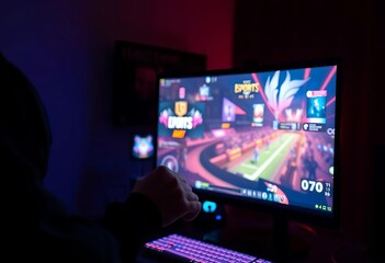 Dark room, gamer hand on lips, PC screen shows esports game,  internet,  online game