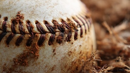 Close up of  dirty baseball with visible stitching and dirt particles on its textured surface