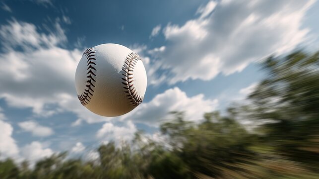 white baseball with red stitching in motion against  blue sky with clouds and blurred trees