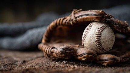 worn baseball rests on  leather baseball glove with  textured background