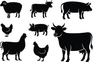 Farm animal silhouette collection, cow pig sheep chicken goat illustration, domestic livestock vector, rural farming design, agriculture animals artwork, countryside lifestyle image