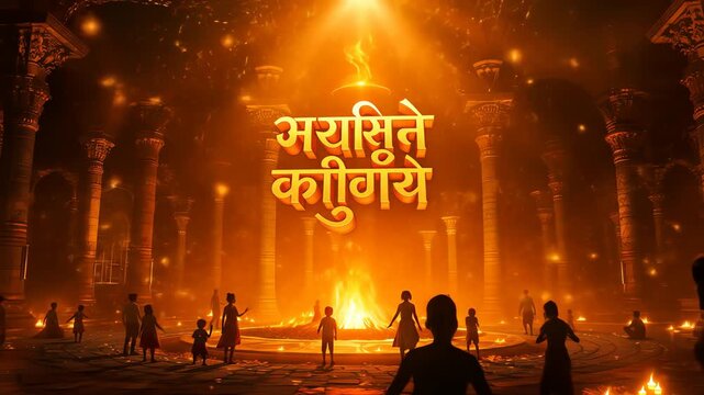 Golden Marathi logo typography for a cultural film title or event in a grand, cinematic temple setting with a celebrating crowd.