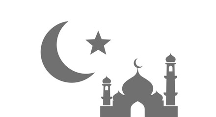 Obraz premium A simple gray silhouette of a mosque with a crescent moon and star, representing Islamic faith.