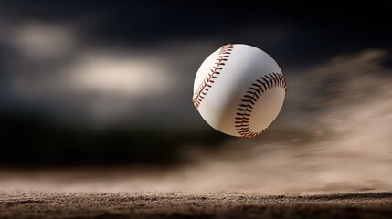 baseball mid air against  dark cloudy sky with  blurred background of  baseball field
