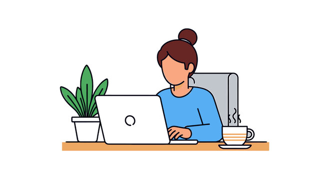 woman working on laptop, blue shirt, coffee clip art preview
