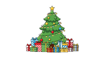Cartoon illustration of a decorated Christmas tree surrounded by colorful wrapped gifts, topped with a star.