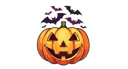 Cartoon illustration of a smiling jack-o'-lantern with bats flying above it, set against a white background.