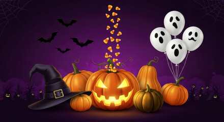Fototapeta premium Spooky Halloween Night with Pumpkins and Ghosts
