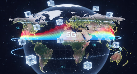 World globe with continents and cities illuminated with a rainbow and 5g network cubes ai generated