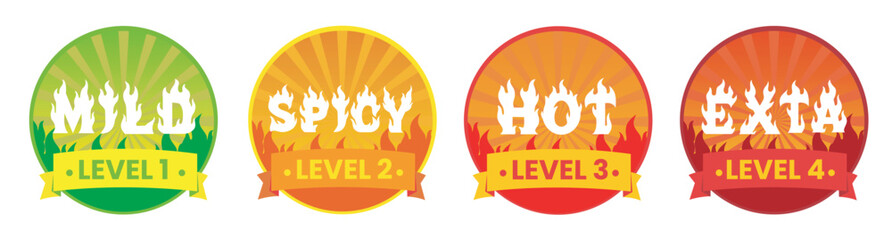 Chili spice level label. Spicy sticker for packaging with rating mild, medium hot, and extra