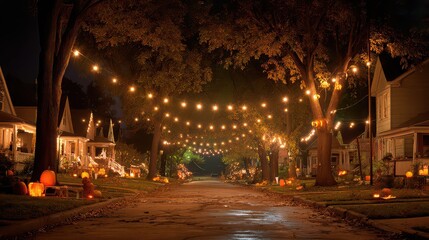 Halloween decorated street with pumpkins and string lights at night in a residential neighborhood