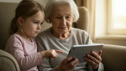 Grandmother and granddaughter sharing a tablet moment indoors - Powered by Adobe