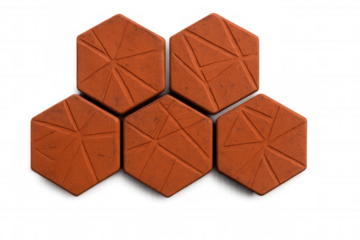 Terracotta hexagonal tiles featuring intricate star-shaped engraving, positioned on transparent surface for architectural rendering or design applications