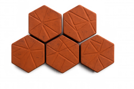 Terracotta hexagonal tiles featuring intricate star-shaped engraving, positioned on transparent surface for architectural rendering or design applications