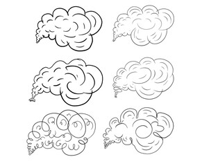 Set of six stylized smoke cloud illustrations with varied shapes and swirling patterns, perfect for representing steam, gas, or abstract atmospheric effects in designs.