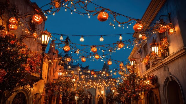 Halloween street with pumpkin lanterns and string lights at dusk creating a festive atmosphere