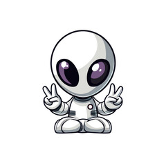Cute cartoon alien in astronaut suit giving peace sign seated meditation pose