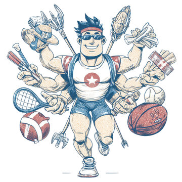 Muscular cartoon character with multiple arms holds various sports equipment and balls