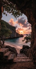 Sunrise through cave at beach