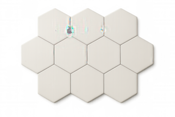 White hexagonal tiles arranged in a honeycomb pattern on a transparent background, ideal for architecture and interior design projects