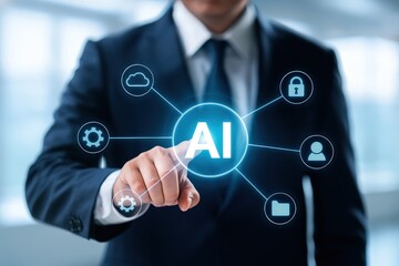 Businessperson interacting with a digital display of artificial intelligence concepts.