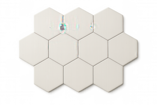 White hexagonal tiles arranged in a honeycomb pattern on a transparent background, ideal for architecture and interior design projects
