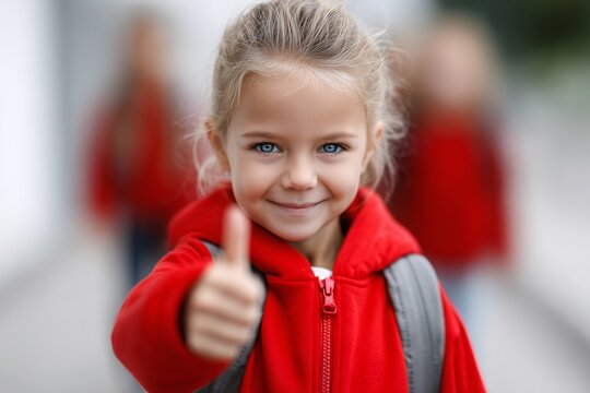 Girl in red hoodie outdoors Thumbs up with backpack Great for school spirit banners - Powered by Adobe